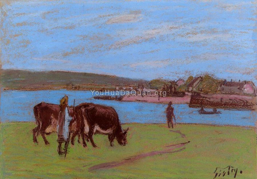 Pasture by the Seine - 阿尔弗莱德·西斯莱